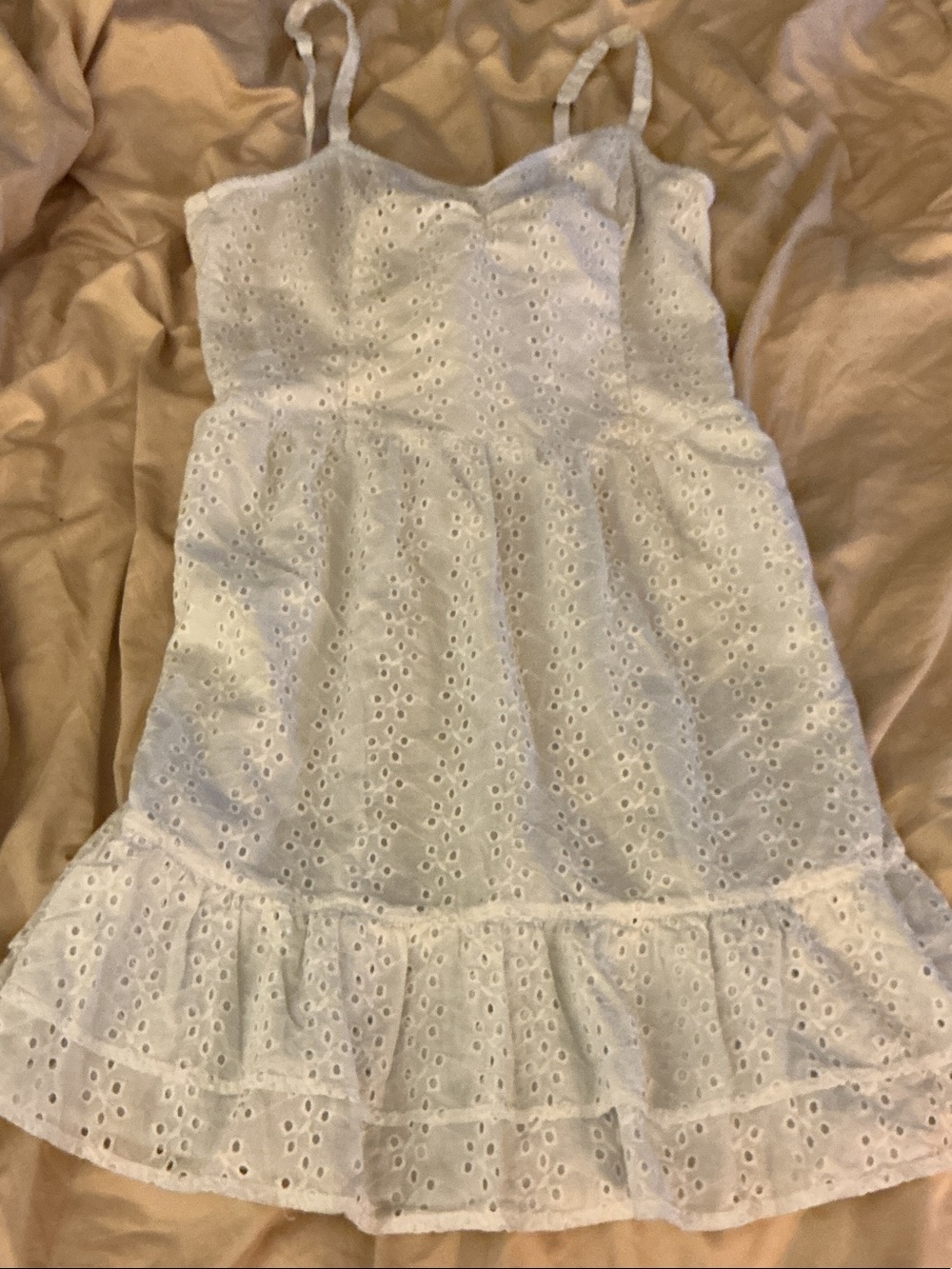 White Eyelet Sundress Spaghetti Strap Ruffle Hem